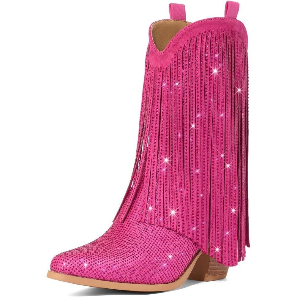 Women's Rhinestone Pink Fringe Sparkly Pointed Toe Western Chunky Heel Boots